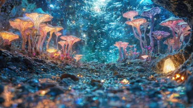A vibrant and detailed fantasy photograph of an alien planet. Where every element appears meticulously crafted from iridescent stained glass. From a cave system, dominated by towering crystals, giant bioluminescent mushrooms, in all shapes and sizes, that glow in vibrant iridescent colors. A stream of iridescent blue water, flows down the center of the cave from a waterfall, off in the distance. The alien flora, vibrantly colored, attracting alien insects, like nothing you've ever seen. Glow worms hang down from the ceiling, emitting the entire spectrum of the rainbow in colors, they seem to dance and blend as if they are connected. Outside the cave system, the sky shimmers with a breathtaking aurora borealis that fills the sky, creating a cosmic spectacle of galaxies, nebulae, and radiant starlight, in this nighttime landscape.