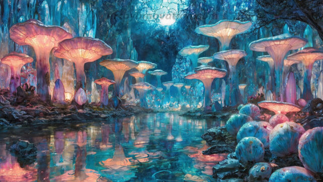 A vibrant and detailed fantasy photograph of an alien planet. Where every element appears meticulously crafted from iridescent stained glass. From a cave system, dominated by towering crystals, giant bioluminescent mushrooms, in all shapes and sizes, that glow in vibrant iridescent colors. A stream of iridescent blue water, flows down the center of the cave from a waterfall, off in the distance. The alien flora, vibrantly colored, attracting alien insects, like nothing you've ever seen. Glow worms hang down from the ceiling, emitting the entire spectrum of the rainbow in colors, they seem to dance and blend as if they are connected. Outside the cave system, the sky shimmers with a breathtaking aurora borealis that fills the sky, creating a cosmic spectacle of galaxies, nebulae, and radiant starlight, in this nighttime landscape.