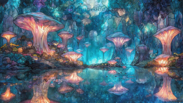 A vibrant and detailed fantasy photograph of an alien planet. Where every element appears meticulously crafted from iridescent stained glass. From a cave system, dominated by towering crystals, giant bioluminescent mushrooms, in all shapes and sizes, that glow in vibrant iridescent colors. A stream of iridescent blue water, flows down the center of the cave from a waterfall, off in the distance. The alien flora, vibrantly colored, attracting alien insects, like nothing you've ever seen. Glow worms hang down from the ceiling, emitting the entire spectrum of the rainbow in colors, they seem to dance and blend as if they are connected. Outside the cave system, the sky shimmers with a breathtaking aurora borealis that fills the sky, creating a cosmic spectacle of galaxies, nebulae, and radiant starlight, in this nighttime landscape.