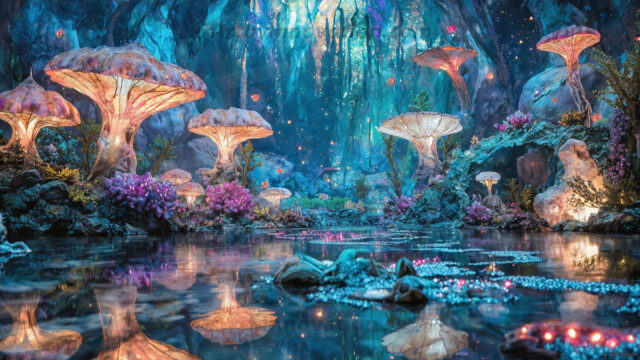 A vibrant and detailed fantasy photograph of an alien planet. Where every element appears meticulously crafted from iridescent stained glass. From a cave system, dominated by towering crystals, giant bioluminescent mushrooms, in all shapes and sizes, that glow in vibrant iridescent colors. A stream of iridescent blue water, flows down the center of the cave from a waterfall, off in the distance. The alien flora, vibrantly colored, attracting alien insects, like nothing you've ever seen. Glow worms hang down from the ceiling, emitting the entire spectrum of the rainbow in colors, they seem to dance and blend as if they are connected. Outside the cave system, the sky shimmers with a breathtaking aurora borealis that fills the sky, creating a cosmic spectacle of galaxies, nebulae, and radiant starlight, in this nighttime landscape.