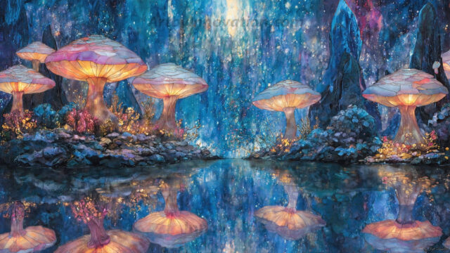A vibrant and detailed fantasy photograph of an alien planet. Where every element appears meticulously crafted from iridescent stained glass. From a cave system, dominated by towering crystals, giant bioluminescent mushrooms, in all shapes and sizes, that glow in vibrant iridescent colors. A stream of iridescent blue water, flows down the center of the cave from a waterfall, off in the distance. The alien flora, vibrantly colored, attracting alien insects, like nothing you've ever seen. Glow worms hang down from the ceiling, emitting the entire spectrum of the rainbow in colors, they seem to dance and blend as if they are connected. Outside the cave system, the sky shimmers with a breathtaking aurora borealis that fills the sky, creating a cosmic spectacle of galaxies, nebulae, and radiant starlight, in this nighttime landscape.
