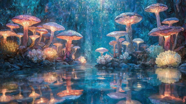 A vibrant and detailed fantasy photograph of an alien planet. Where every element appears meticulously crafted from iridescent stained glass. From a cave system, dominated by towering crystals, giant bioluminescent mushrooms, in all shapes and sizes, that glow in vibrant iridescent colors. A stream of iridescent blue water, flows down the center of the cave from a waterfall, off in the distance. The alien flora, vibrantly colored, attracting alien insects, like nothing you've ever seen. Glow worms hang down from the ceiling, emitting the entire spectrum of the rainbow in colors, they seem to dance and blend as if they are connected. Outside the cave system, the sky shimmers with a breathtaking aurora borealis that fills the sky, creating a cosmic spectacle of galaxies, nebulae, and radiant starlight, in this nighttime landscape.