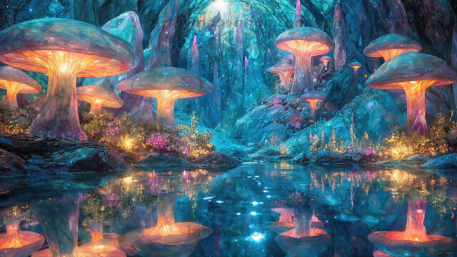 A vibrant and detailed fantasy photograph of an alien planet. Where every element appears meticulously crafted from iridescent stained glass. From a cave system, dominated by towering crystals, giant bioluminescent mushrooms, in all shapes and sizes, that glow in vibrant iridescent colors. A stream of iridescent blue water, flows down the center of the cave from a waterfall, off in the distance. The alien flora, vibrantly colored, attracting alien insects, like nothing you've ever seen. Glow worms hang down from the ceiling, emitting the entire spectrum of the rainbow in colors, they seem to dance and blend as if they are connected. Outside the cave system, the sky shimmers with a breathtaking aurora borealis that fills the sky, creating a cosmic spectacle of galaxies, nebulae, and radiant starlight, in this nighttime landscape.