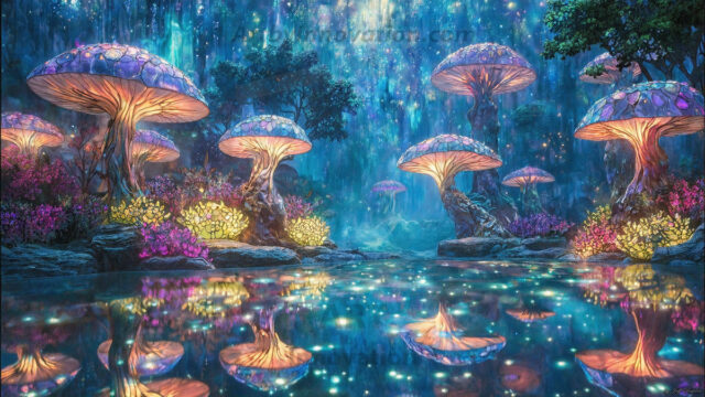 A vibrant and detailed fantasy photograph of an alien planet. Where every element appears meticulously crafted from iridescent stained glass. From a cave system, dominated by towering crystals, giant bioluminescent mushrooms, in all shapes and sizes, that glow in vibrant iridescent colors. A stream of iridescent blue water, flows down the center of the cave from a waterfall, off in the distance. The alien flora, vibrantly colored, attracting alien insects, like nothing you've ever seen. Glow worms hang down from the ceiling, emitting the entire spectrum of the rainbow in colors, they seem to dance and blend as if they are connected. Outside the cave system, the sky shimmers with a breathtaking aurora borealis that fills the sky, creating a cosmic spectacle of galaxies, nebulae, and radiant starlight, in this nighttime landscape.