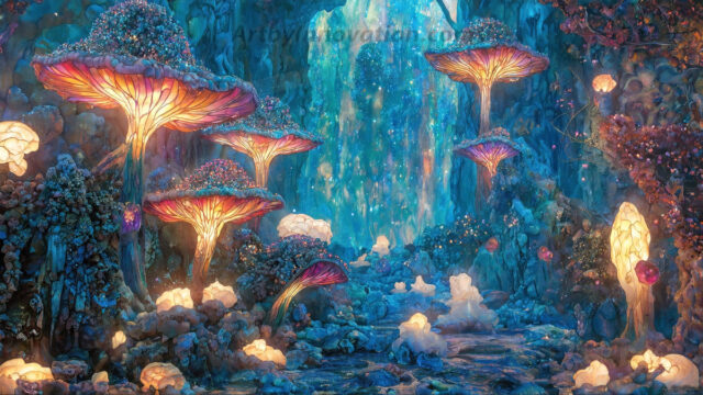 A vibrant and detailed fantasy photograph of an alien planet. Where every element appears meticulously crafted from iridescent stained glass. From a cave system, dominated by towering crystals, giant bioluminescent mushrooms, in all shapes and sizes, that glow in vibrant iridescent colors. A stream of iridescent blue water, flows down the center of the cave from a waterfall, off in the distance. The alien flora, vibrantly colored, attracting alien insects, like nothing you've ever seen. Glow worms hang down from the ceiling, emitting the entire spectrum of the rainbow in colors, they seem to dance and blend as if they are connected. Outside the cave system, the sky shimmers with a breathtaking aurora borealis that fills the sky, creating a cosmic spectacle of galaxies, nebulae, and radiant starlight, in this nighttime landscape.