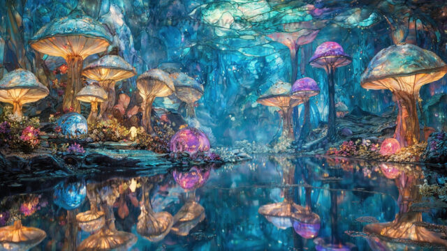 A vibrant and detailed fantasy photograph of an alien planet. Where every element appears meticulously crafted from iridescent stained glass. From a cave system, dominated by towering crystals, giant bioluminescent mushrooms, in all shapes and sizes, that glow in vibrant iridescent colors. A stream of iridescent blue water, flows down the center of the cave from a waterfall, off in the distance. The alien flora, vibrantly colored, attracting alien insects, like nothing you've ever seen. Glow worms hang down from the ceiling, emitting the entire spectrum of the rainbow in colors, they seem to dance and blend as if they are connected. Outside the cave system, the sky shimmers with a breathtaking aurora borealis that fills the sky, creating a cosmic spectacle of galaxies, nebulae, and radiant starlight, in this nighttime landscape.