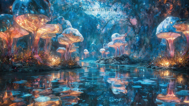 A vibrant and detailed fantasy photograph of an alien planet. Where every element appears meticulously crafted from iridescent stained glass. From a cave system, dominated by towering crystals, giant bioluminescent mushrooms, in all shapes and sizes, that glow in vibrant iridescent colors. A stream of iridescent blue water, flows down the center of the cave from a waterfall, off in the distance. The alien flora, vibrantly colored, attracting alien insects, like nothing you've ever seen. Glow worms hang down from the ceiling, emitting the entire spectrum of the rainbow in colors, they seem to dance and blend as if they are connected. Outside the cave system, the sky shimmers with a breathtaking aurora borealis that fills the sky, creating a cosmic spectacle of galaxies, nebulae, and radiant starlight, in this nighttime landscape.
