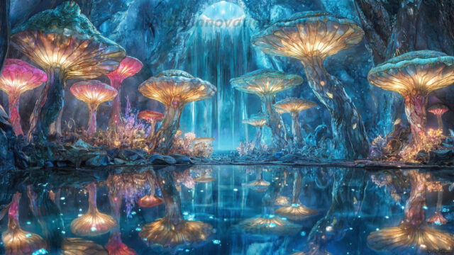 A vibrant and detailed fantasy photograph of an alien planet. Where every element appears meticulously crafted from iridescent stained glass. From a cave system, dominated by towering crystals, giant bioluminescent mushrooms, in all shapes and sizes, that glow in vibrant iridescent colors. A stream of iridescent blue water, flows down the center of the cave from a waterfall, off in the distance. The alien flora, vibrantly colored, attracting alien insects, like nothing you've ever seen. Glow worms hang down from the ceiling, emitting the entire spectrum of the rainbow in colors, they seem to dance and blend as if they are connected. Outside the cave system, the sky shimmers with a breathtaking aurora borealis that fills the sky, creating a cosmic spectacle of galaxies, nebulae, and radiant starlight, in this nighttime landscape.