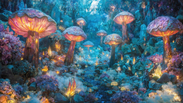 A vibrant and detailed fantasy photograph of an alien planet. Where every element appears meticulously crafted from iridescent stained glass. From a cave system, dominated by towering crystals, giant bioluminescent mushrooms, in all shapes and sizes, that glow in vibrant iridescent colors. A stream of iridescent blue water, flows down the center of the cave from a waterfall, off in the distance. The alien flora, vibrantly colored, attracting alien insects, like nothing you've ever seen. Glow worms hang down from the ceiling, emitting the entire spectrum of the rainbow in colors, they seem to dance and blend as if they are connected. Outside the cave system, the sky shimmers with a breathtaking aurora borealis that fills the sky, creating a cosmic spectacle of galaxies, nebulae, and radiant starlight, in this nighttime landscape.