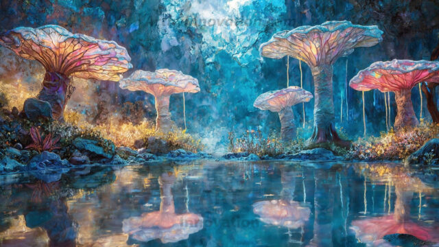 A vibrant and detailed fantasy photograph of an alien planet. Where every element appears meticulously crafted from iridescent stained glass. From a cave system, dominated by towering crystals, giant bioluminescent mushrooms, in all shapes and sizes, that glow in vibrant iridescent colors. A stream of iridescent blue water, flows down the center of the cave from a waterfall, off in the distance. The alien flora, vibrantly colored, attracting alien insects, like nothing you've ever seen. Glow worms hang down from the ceiling, emitting the entire spectrum of the rainbow in colors, they seem to dance and blend as if they are connected. Outside the cave system, the sky shimmers with a breathtaking aurora borealis that fills the sky, creating a cosmic spectacle of galaxies, nebulae, and radiant starlight, in this nighttime landscape.