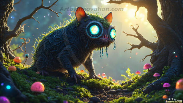 A collection of cute & adorable little-creatures from around the universe. In a photorealistic magical enchanted forest, the surface is covered in vibrant green moss, clusters of bioluminescent mushrooms. With delicate wildflowers blooming in impossible colors — violet, gold, crimson, as adorable little creatures rise from a misty forest floor. A hyper-realistic photo of hybrid creatures, like a adorable baby elephant, no bigger than a human palm. A foxlike creature, with red eyes, fluffy soft fur, and rows of sharp, serrated teeth. A chimera like weird creature, with crazy alien eyes, cyberpunk style. A hyper realistic portrait of a prehensile-tailed opossum, vibrantly colored, illuminated only by moonlight filtering through leaves in the darkness of night.