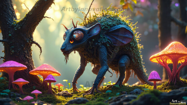 A collection of cute & adorable little-creatures from around the universe. In a photorealistic magical enchanted forest, the surface is covered in vibrant green moss, clusters of bioluminescent mushrooms. With delicate wildflowers blooming in impossible colors — violet, gold, crimson, as adorable little creatures rise from a misty forest floor. A hyper-realistic photo of hybrid creatures, like a adorable baby elephant, no bigger than a human palm. A foxlike creature, with red eyes, fluffy soft fur, and rows of sharp, serrated teeth. A chimera like weird creature, with crazy alien eyes, cyberpunk style. A hyper realistic portrait of a prehensile-tailed opossum, vibrantly colored, illuminated only by moonlight filtering through leaves in the darkness of night.