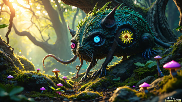 A collection of cute & adorable little-creatures from around the universe. In a photorealistic magical enchanted forest, the surface is covered in vibrant green moss, clusters of bioluminescent mushrooms. With delicate wildflowers blooming in impossible colors — violet, gold, crimson, as adorable little creatures rise from a misty forest floor. A hyper-realistic photo of hybrid creatures, like a adorable baby elephant, no bigger than a human palm. A foxlike creature, with red eyes, fluffy soft fur, and rows of sharp, serrated teeth. A chimera like weird creature, with crazy alien eyes, cyberpunk style. A hyper realistic portrait of a prehensile-tailed opossum, vibrantly colored, illuminated only by moonlight filtering through leaves in the darkness of night.