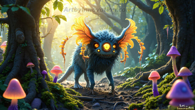 A collection of cute & adorable little-creatures from around the universe. In a photorealistic magical enchanted forest, the surface is covered in vibrant green moss, clusters of bioluminescent mushrooms. With delicate wildflowers blooming in impossible colors — violet, gold, crimson, as adorable little creatures rise from a misty forest floor. A hyper-realistic photo of hybrid creatures, like a adorable baby elephant, no bigger than a human palm. A foxlike creature, with red eyes, fluffy soft fur, and rows of sharp, serrated teeth. A chimera like weird creature, with crazy alien eyes, cyberpunk style. A hyper realistic portrait of a prehensile-tailed opossum, vibrantly colored, illuminated only by moonlight filtering through leaves in the darkness of night.