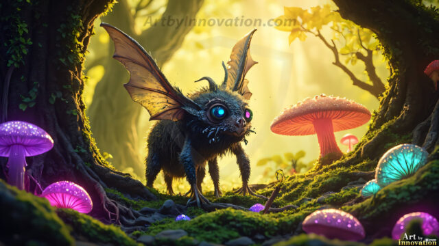 A collection of cute & adorable little-creatures from around the universe. In a photorealistic magical enchanted forest, the surface is covered in vibrant green moss, clusters of bioluminescent mushrooms. With delicate wildflowers blooming in impossible colors — violet, gold, crimson, as adorable little creatures rise from a misty forest floor. A hyper-realistic photo of hybrid creatures, like a adorable baby elephant, no bigger than a human palm. A foxlike creature, with red eyes, fluffy soft fur, and rows of sharp, serrated teeth. A chimera like weird creature, with crazy alien eyes, cyberpunk style. A hyper realistic portrait of a prehensile-tailed opossum, vibrantly colored, illuminated only by moonlight filtering through leaves in the darkness of night.