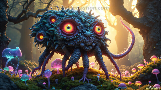 A collection of cute & adorable little-creatures from around the universe. In a photorealistic magical enchanted forest, the surface is covered in vibrant green moss, clusters of bioluminescent mushrooms. With delicate wildflowers blooming in impossible colors — violet, gold, crimson, as adorable little creatures rise from a misty forest floor. A hyper-realistic photo of hybrid creatures, like a adorable baby elephant, no bigger than a human palm. A foxlike creature, with red eyes, fluffy soft fur, and rows of sharp, serrated teeth. A chimera like weird creature, with crazy alien eyes, cyberpunk style. A hyper realistic portrait of a prehensile-tailed opossum, vibrantly colored, illuminated only by moonlight filtering through leaves in the darkness of night.