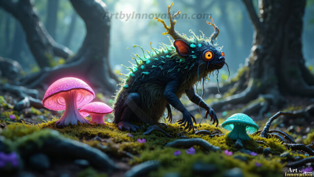 A collection of cute & adorable little-creatures from around the universe. In a photorealistic magical enchanted forest, the surface is covered in vibrant green moss, clusters of bioluminescent mushrooms. With delicate wildflowers blooming in impossible colors — violet, gold, crimson, as adorable little creatures rise from a misty forest floor. A hyper-realistic photo of hybrid creatures, like a adorable baby elephant, no bigger than a human palm. A foxlike creature, with red eyes, fluffy soft fur, and rows of sharp, serrated teeth. A chimera like weird creature, with crazy alien eyes, cyberpunk style. A hyper realistic portrait of a prehensile-tailed opossum, vibrantly colored, illuminated only by moonlight filtering through leaves in the darkness of night.