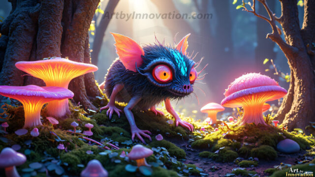A collection of cute & adorable little-creatures from around the universe. In a photorealistic magical enchanted forest, the surface is covered in vibrant green moss, clusters of bioluminescent mushrooms. With delicate wildflowers blooming in impossible colors — violet, gold, crimson, as adorable little creatures rise from a misty forest floor. A hyper-realistic photo of hybrid creatures, like a adorable baby elephant, no bigger than a human palm. A foxlike creature, with red eyes, fluffy soft fur, and rows of sharp, serrated teeth. A chimera like weird creature, with crazy alien eyes, cyberpunk style. A hyper realistic portrait of a prehensile-tailed opossum, vibrantly colored, illuminated only by moonlight filtering through leaves in the darkness of night.