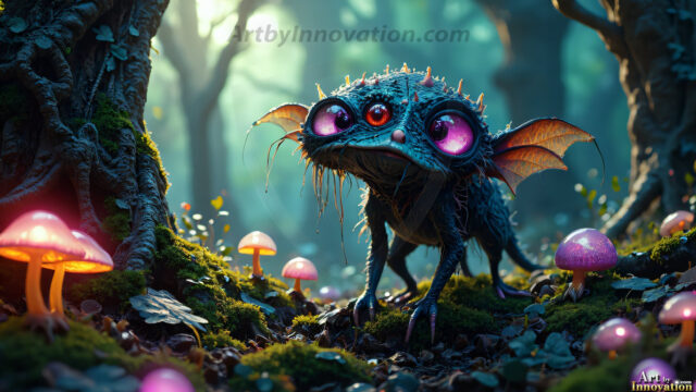 A collection of cute & adorable little-creatures from around the universe. In a photorealistic magical enchanted forest, the surface is covered in vibrant green moss, clusters of bioluminescent mushrooms. With delicate wildflowers blooming in impossible colors — violet, gold, crimson, as adorable little creatures rise from a misty forest floor. A hyper-realistic photo of hybrid creatures, like a adorable baby elephant, no bigger than a human palm. A foxlike creature, with red eyes, fluffy soft fur, and rows of sharp, serrated teeth. A chimera like weird creature, with crazy alien eyes, cyberpunk style. A hyper realistic portrait of a prehensile-tailed opossum, vibrantly colored, illuminated only by moonlight filtering through leaves in the darkness of night.