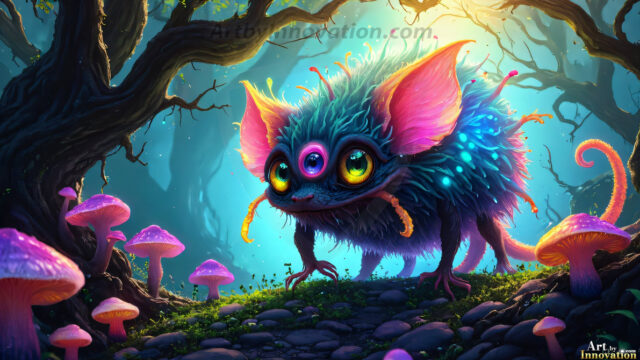 A collection of cute & adorable little-creatures from around the universe. In a photorealistic magical enchanted forest, the surface is covered in vibrant green moss, clusters of bioluminescent mushrooms. With delicate wildflowers blooming in impossible colors — violet, gold, crimson, as adorable little creatures rise from a misty forest floor. A hyper-realistic photo of hybrid creatures, like a adorable baby elephant, no bigger than a human palm. A foxlike creature, with red eyes, fluffy soft fur, and rows of sharp, serrated teeth. A chimera like weird creature, with crazy alien eyes, cyberpunk style. A hyper realistic portrait of a prehensile-tailed opossum, vibrantly colored, illuminated only by moonlight filtering through leaves in the darkness of night.