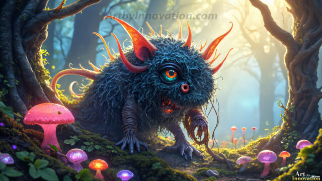 A collection of cute & adorable little-creatures from around the universe. In a photorealistic magical enchanted forest, the surface is covered in vibrant green moss, clusters of bioluminescent mushrooms. With delicate wildflowers blooming in impossible colors — violet, gold, crimson, as adorable little creatures rise from a misty forest floor. A hyper-realistic photo of hybrid creatures, like a adorable baby elephant, no bigger than a human palm. A foxlike creature, with red eyes, fluffy soft fur, and rows of sharp, serrated teeth. A chimera like weird creature, with crazy alien eyes, cyberpunk style. A hyper realistic portrait of a prehensile-tailed opossum, vibrantly colored, illuminated only by moonlight filtering through leaves in the darkness of night.