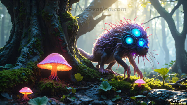 A collection of cute & adorable little-creatures from around the universe. In a photorealistic magical enchanted forest, the surface is covered in vibrant green moss, clusters of bioluminescent mushrooms. With delicate wildflowers blooming in impossible colors — violet, gold, crimson, as adorable little creatures rise from a misty forest floor. A hyper-realistic photo of hybrid creatures, like a adorable baby elephant, no bigger than a human palm. A foxlike creature, with red eyes, fluffy soft fur, and rows of sharp, serrated teeth. A chimera like weird creature, with crazy alien eyes, cyberpunk style. A hyper realistic portrait of a prehensile-tailed opossum, vibrantly colored, illuminated only by moonlight filtering through leaves in the darkness of night.