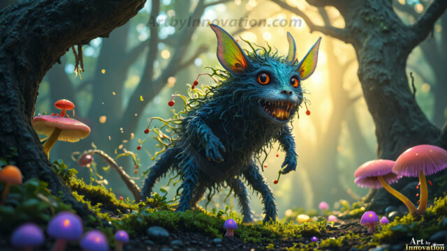 A collection of cute & adorable little-creatures from around the universe. In a photorealistic magical enchanted forest, the surface is covered in vibrant green moss, clusters of bioluminescent mushrooms. With delicate wildflowers blooming in impossible colors — violet, gold, crimson, as adorable little creatures rise from a misty forest floor. A hyper-realistic photo of hybrid creatures, like a adorable baby elephant, no bigger than a human palm. A foxlike creature, with red eyes, fluffy soft fur, and rows of sharp, serrated teeth. A chimera like weird creature, with crazy alien eyes, cyberpunk style. A hyper realistic portrait of a prehensile-tailed opossum, vibrantly colored, illuminated only by moonlight filtering through leaves in the darkness of night.
