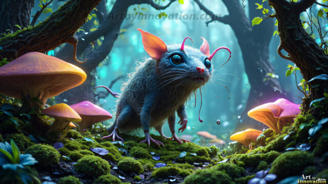 A collection of cute & adorable little-creatures from around the universe. In a photorealistic magical enchanted forest, the surface is covered in vibrant green moss, clusters of bioluminescent mushrooms. With delicate wildflowers blooming in impossible colors — violet, gold, crimson, as adorable little creatures rise from a misty forest floor. A hyper-realistic photo of hybrid creatures, like a adorable baby elephant, no bigger than a human palm. A foxlike creature, with red eyes, fluffy soft fur, and rows of sharp, serrated teeth. A chimera like weird creature, with crazy alien eyes, cyberpunk style. A hyper realistic portrait of a prehensile-tailed opossum, vibrantly colored, illuminated only by moonlight filtering through leaves in the darkness of night.