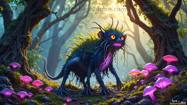 A collection of cute & adorable little-creatures from around the universe. In a photorealistic magical enchanted forest, the surface is covered in vibrant green moss, clusters of bioluminescent mushrooms. With delicate wildflowers blooming in impossible colors — violet, gold, crimson, as adorable little creatures rise from a misty forest floor. A hyper-realistic photo of hybrid creatures, like a adorable baby elephant, no bigger than a human palm. A foxlike creature, with red eyes, fluffy soft fur, and rows of sharp, serrated teeth. A chimera like weird creature, with crazy alien eyes, cyberpunk style. A hyper realistic portrait of a prehensile-tailed opossum, vibrantly colored, illuminated only by moonlight filtering through leaves in the darkness of night.