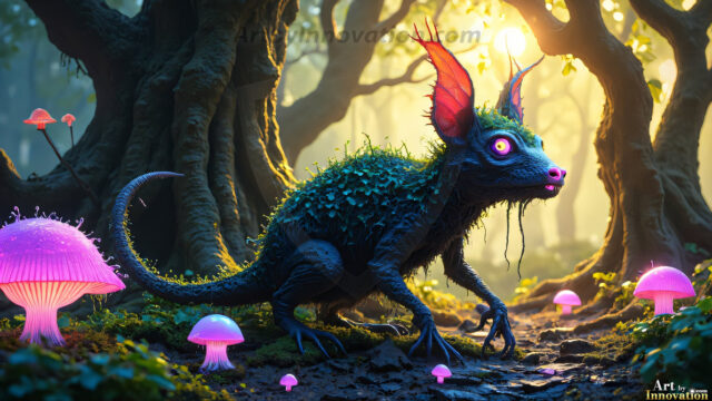 A collection of cute & adorable little-creatures from around the universe. In a photorealistic magical enchanted forest, the surface is covered in vibrant green moss, clusters of bioluminescent mushrooms. With delicate wildflowers blooming in impossible colors — violet, gold, crimson, as adorable little creatures rise from a misty forest floor. A hyper-realistic photo of hybrid creatures, like a adorable baby elephant, no bigger than a human palm. A foxlike creature, with red eyes, fluffy soft fur, and rows of sharp, serrated teeth. A chimera like weird creature, with crazy alien eyes, cyberpunk style. A hyper realistic portrait of a prehensile-tailed opossum, vibrantly colored, illuminated only by moonlight filtering through leaves in the darkness of night.