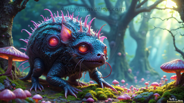 A collection of cute & adorable little-creatures from around the universe. In a photorealistic magical enchanted forest, the surface is covered in vibrant green moss, clusters of bioluminescent mushrooms. With delicate wildflowers blooming in impossible colors — violet, gold, crimson, as adorable little creatures rise from a misty forest floor. A hyper-realistic photo of hybrid creatures, like a adorable baby elephant, no bigger than a human palm. A foxlike creature, with red eyes, fluffy soft fur, and rows of sharp, serrated teeth. A chimera like weird creature, with crazy alien eyes, cyberpunk style. A hyper realistic portrait of a prehensile-tailed opossum, vibrantly colored, illuminated only by moonlight filtering through leaves in the darkness of night.