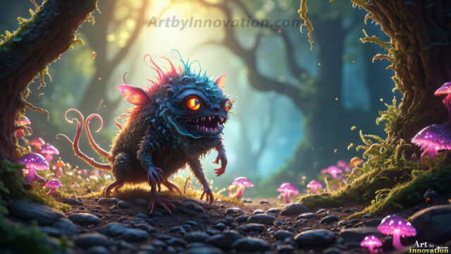 A collection of cute & adorable little-creatures from around the universe. In a photorealistic magical enchanted forest, the surface is covered in vibrant green moss, clusters of bioluminescent mushrooms. With delicate wildflowers blooming in impossible colors — violet, gold, crimson, as adorable little creatures rise from a misty forest floor. A hyper-realistic photo of hybrid creatures, like a adorable baby elephant, no bigger than a human palm. A foxlike creature, with red eyes, fluffy soft fur, and rows of sharp, serrated teeth. A chimera like weird creature, with crazy alien eyes, cyberpunk style. A hyper realistic portrait of a prehensile-tailed opossum, vibrantly colored, illuminated only by moonlight filtering through leaves in the darkness of night.