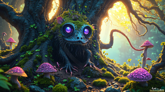 A collection of cute & adorable little-creatures from around the universe. In a photorealistic magical enchanted forest, the surface is covered in vibrant green moss, clusters of bioluminescent mushrooms. With delicate wildflowers blooming in impossible colors — violet, gold, crimson, as adorable little creatures rise from a misty forest floor. A hyper-realistic photo of hybrid creatures, like a adorable baby elephant, no bigger than a human palm. A foxlike creature, with red eyes, fluffy soft fur, and rows of sharp, serrated teeth. A chimera like weird creature, with crazy alien eyes, cyberpunk style. A hyper realistic portrait of a prehensile-tailed opossum, vibrantly colored, illuminated only by moonlight filtering through leaves in the darkness of night.