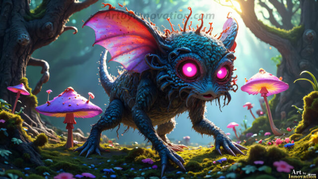 A collection of cute & adorable little-creatures from around the universe. In a photorealistic magical enchanted forest, the surface is covered in vibrant green moss, clusters of bioluminescent mushrooms. With delicate wildflowers blooming in impossible colors — violet, gold, crimson, as adorable little creatures rise from a misty forest floor. A hyper-realistic photo of hybrid creatures, like a adorable baby elephant, no bigger than a human palm. A foxlike creature, with red eyes, fluffy soft fur, and rows of sharp, serrated teeth. A chimera like weird creature, with crazy alien eyes, cyberpunk style. A hyper realistic portrait of a prehensile-tailed opossum, vibrantly colored, illuminated only by moonlight filtering through leaves in the darkness of night.