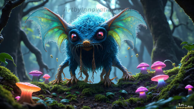 A collection of cute & adorable little-creatures from around the universe. In a photorealistic magical enchanted forest, the surface is covered in vibrant green moss, clusters of bioluminescent mushrooms. With delicate wildflowers blooming in impossible colors — violet, gold, crimson, as adorable little creatures rise from a misty forest floor. A hyper-realistic photo of hybrid creatures, like a adorable baby elephant, no bigger than a human palm. A foxlike creature, with red eyes, fluffy soft fur, and rows of sharp, serrated teeth. A chimera like weird creature, with crazy alien eyes, cyberpunk style. A hyper realistic portrait of a prehensile-tailed opossum, vibrantly colored, illuminated only by moonlight filtering through leaves in the darkness of night.