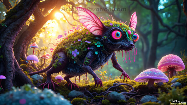 A collection of cute & adorable little-creatures from around the universe. In a photorealistic magical enchanted forest, the surface is covered in vibrant green moss, clusters of bioluminescent mushrooms. With delicate wildflowers blooming in impossible colors — violet, gold, crimson, as adorable little creatures rise from a misty forest floor. A hyper-realistic photo of hybrid creatures, like a adorable baby elephant, no bigger than a human palm. A foxlike creature, with red eyes, fluffy soft fur, and rows of sharp, serrated teeth. A chimera like weird creature, with crazy alien eyes, cyberpunk style. A hyper realistic portrait of a prehensile-tailed opossum, vibrantly colored, illuminated only by moonlight filtering through leaves in the darkness of night.