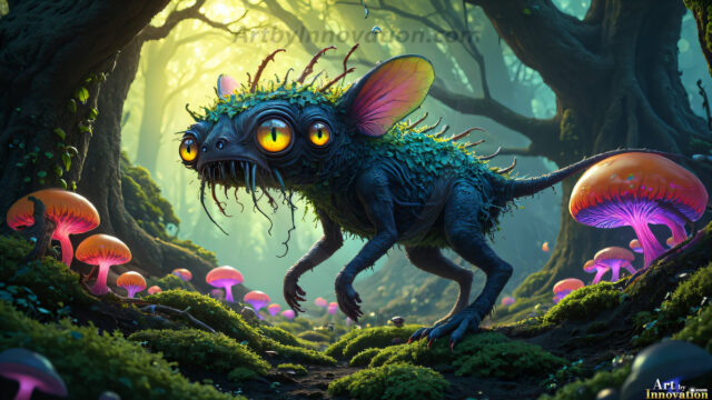 A collection of cute & adorable little-creatures from around the universe. In a photorealistic magical enchanted forest, the surface is covered in vibrant green moss, clusters of bioluminescent mushrooms. With delicate wildflowers blooming in impossible colors — violet, gold, crimson, as adorable little creatures rise from a misty forest floor. A hyper-realistic photo of hybrid creatures, like a adorable baby elephant, no bigger than a human palm. A foxlike creature, with red eyes, fluffy soft fur, and rows of sharp, serrated teeth. A chimera like weird creature, with crazy alien eyes, cyberpunk style. A hyper realistic portrait of a prehensile-tailed opossum, vibrantly colored, illuminated only by moonlight filtering through leaves in the darkness of night.