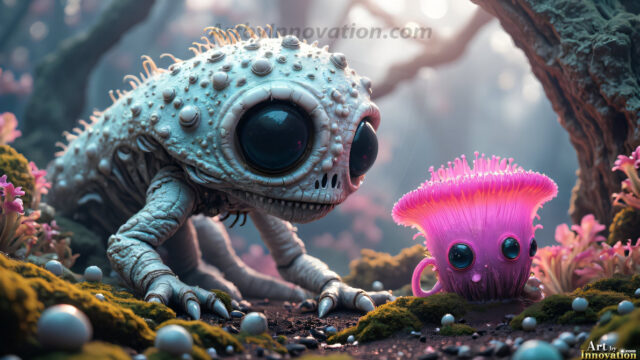 A collection of cute & adorable little-creatures from around the universe. In a photorealistic magical enchanted forest, the surface is covered in vibrant green moss, clusters of bioluminescent mushrooms. With delicate wildflowers blooming in impossible colors — violet, gold, crimson, as adorable little creatures rise from a misty forest floor. A hyper-realistic photo of hybrid creatures, like a adorable baby elephant, no bigger than a human palm. A foxlike creature, with red eyes, fluffy soft fur, and rows of sharp, serrated teeth. A chimera like weird creature, with crazy alien eyes, cyberpunk style. A hyper realistic portrait of a prehensile-tailed opossum, vibrantly colored, illuminated only by moonlight filtering through leaves in the darkness of night.