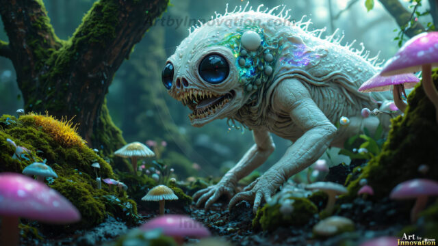 A collection of cute & adorable little-creatures from around the universe. In a photorealistic magical enchanted forest, the surface is covered in vibrant green moss, clusters of bioluminescent mushrooms. With delicate wildflowers blooming in impossible colors — violet, gold, crimson, as adorable little creatures rise from a misty forest floor. A hyper-realistic photo of hybrid creatures, like a adorable baby elephant, no bigger than a human palm. A foxlike creature, with red eyes, fluffy soft fur, and rows of sharp, serrated teeth. A chimera like weird creature, with crazy alien eyes, cyberpunk style. A hyper realistic portrait of a prehensile-tailed opossum, vibrantly colored, illuminated only by moonlight filtering through leaves in the darkness of night.