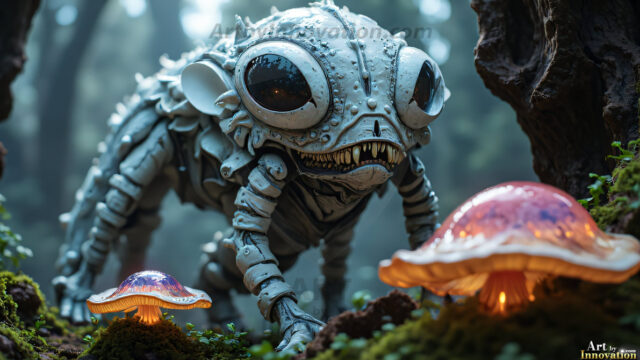A collection of cute & adorable little-creatures from around the universe. In a photorealistic magical enchanted forest, the surface is covered in vibrant green moss, clusters of bioluminescent mushrooms. With delicate wildflowers blooming in impossible colors — violet, gold, crimson, as adorable little creatures rise from a misty forest floor. A hyper-realistic photo of hybrid creatures, like a adorable baby elephant, no bigger than a human palm. A foxlike creature, with red eyes, fluffy soft fur, and rows of sharp, serrated teeth. A chimera like weird creature, with crazy alien eyes, cyberpunk style. A hyper realistic portrait of a prehensile-tailed opossum, vibrantly colored, illuminated only by moonlight filtering through leaves in the darkness of night.