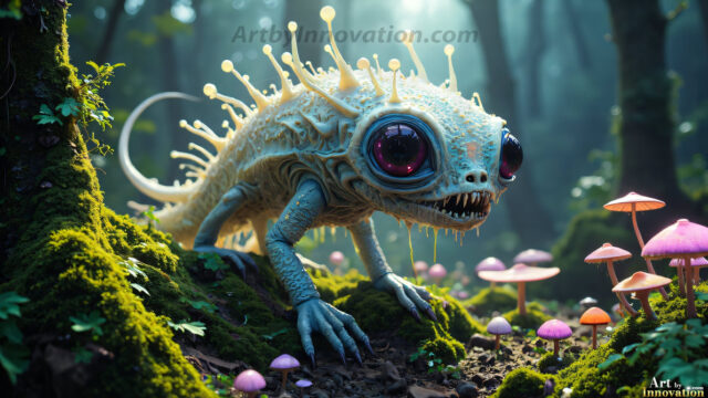 A collection of cute & adorable little-creatures from around the universe. In a photorealistic magical enchanted forest, the surface is covered in vibrant green moss, clusters of bioluminescent mushrooms. With delicate wildflowers blooming in impossible colors — violet, gold, crimson, as adorable little creatures rise from a misty forest floor. A hyper-realistic photo of hybrid creatures, like a adorable baby elephant, no bigger than a human palm. A foxlike creature, with red eyes, fluffy soft fur, and rows of sharp, serrated teeth. A chimera like weird creature, with crazy alien eyes, cyberpunk style. A hyper realistic portrait of a prehensile-tailed opossum, vibrantly colored, illuminated only by moonlight filtering through leaves in the darkness of night.
