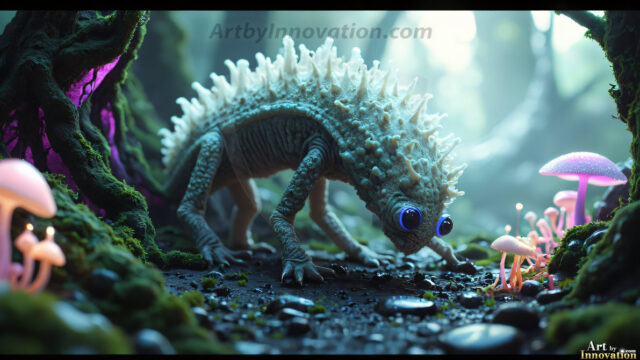 A collection of cute & adorable little-creatures from around the universe. In a photorealistic magical enchanted forest, the surface is covered in vibrant green moss, clusters of bioluminescent mushrooms. With delicate wildflowers blooming in impossible colors — violet, gold, crimson, as adorable little creatures rise from a misty forest floor. A hyper-realistic photo of hybrid creatures, like a adorable baby elephant, no bigger than a human palm. A foxlike creature, with red eyes, fluffy soft fur, and rows of sharp, serrated teeth. A chimera like weird creature, with crazy alien eyes, cyberpunk style. A hyper realistic portrait of a prehensile-tailed opossum, vibrantly colored, illuminated only by moonlight filtering through leaves in the darkness of night.