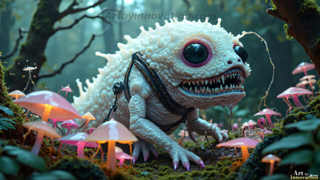 A collection of cute & adorable little-creatures from around the universe. In a photorealistic magical enchanted forest, the surface is covered in vibrant green moss, clusters of bioluminescent mushrooms. With delicate wildflowers blooming in impossible colors — violet, gold, crimson, as adorable little creatures rise from a misty forest floor. A hyper-realistic photo of hybrid creatures, like a adorable baby elephant, no bigger than a human palm. A foxlike creature, with red eyes, fluffy soft fur, and rows of sharp, serrated teeth. A chimera like weird creature, with crazy alien eyes, cyberpunk style. A hyper realistic portrait of a prehensile-tailed opossum, vibrantly colored, illuminated only by moonlight filtering through leaves in the darkness of night.