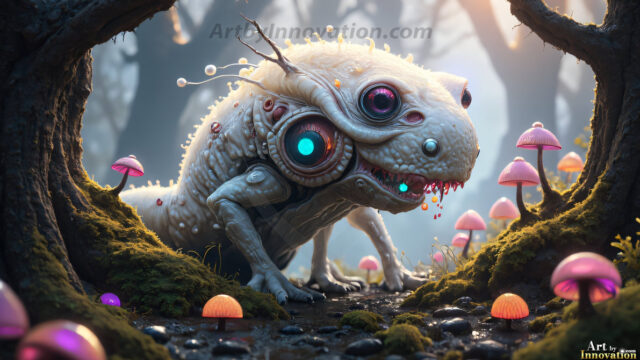 A collection of cute & adorable little-creatures from around the universe. In a photorealistic magical enchanted forest, the surface is covered in vibrant green moss, clusters of bioluminescent mushrooms. With delicate wildflowers blooming in impossible colors — violet, gold, crimson, as adorable little creatures rise from a misty forest floor. A hyper-realistic photo of hybrid creatures, like a adorable baby elephant, no bigger than a human palm. A foxlike creature, with red eyes, fluffy soft fur, and rows of sharp, serrated teeth. A chimera like weird creature, with crazy alien eyes, cyberpunk style. A hyper realistic portrait of a prehensile-tailed opossum, vibrantly colored, illuminated only by moonlight filtering through leaves in the darkness of night.