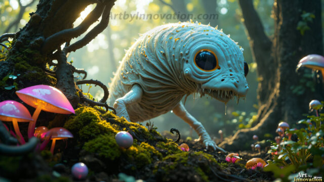 A collection of cute & adorable little-creatures from around the universe. In a photorealistic magical enchanted forest, the surface is covered in vibrant green moss, clusters of bioluminescent mushrooms. With delicate wildflowers blooming in impossible colors — violet, gold, crimson, as adorable little creatures rise from a misty forest floor. A hyper-realistic photo of hybrid creatures, like a adorable baby elephant, no bigger than a human palm. A foxlike creature, with red eyes, fluffy soft fur, and rows of sharp, serrated teeth. A chimera like weird creature, with crazy alien eyes, cyberpunk style. A hyper realistic portrait of a prehensile-tailed opossum, vibrantly colored, illuminated only by moonlight filtering through leaves in the darkness of night.