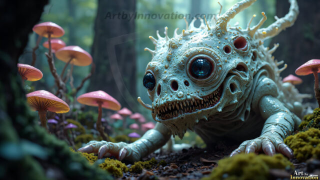 A collection of cute & adorable little-creatures from around the universe. In a photorealistic magical enchanted forest, the surface is covered in vibrant green moss, clusters of bioluminescent mushrooms. With delicate wildflowers blooming in impossible colors — violet, gold, crimson, as adorable little creatures rise from a misty forest floor. A hyper-realistic photo of hybrid creatures, like a adorable baby elephant, no bigger than a human palm. A foxlike creature, with red eyes, fluffy soft fur, and rows of sharp, serrated teeth. A chimera like weird creature, with crazy alien eyes, cyberpunk style. A hyper realistic portrait of a prehensile-tailed opossum, vibrantly colored, illuminated only by moonlight filtering through leaves in the darkness of night.