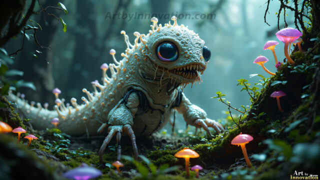 A collection of cute & adorable little-creatures from around the universe. In a photorealistic magical enchanted forest, the surface is covered in vibrant green moss, clusters of bioluminescent mushrooms. With delicate wildflowers blooming in impossible colors — violet, gold, crimson, as adorable little creatures rise from a misty forest floor. A hyper-realistic photo of hybrid creatures, like a adorable baby elephant, no bigger than a human palm. A foxlike creature, with red eyes, fluffy soft fur, and rows of sharp, serrated teeth. A chimera like weird creature, with crazy alien eyes, cyberpunk style. A hyper realistic portrait of a prehensile-tailed opossum, vibrantly colored, illuminated only by moonlight filtering through leaves in the darkness of night.