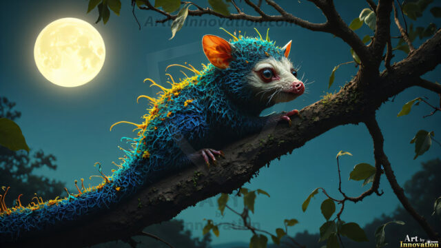 A collection of cute & adorable little-creatures from around the universe. In a photorealistic magical enchanted forest, the surface is covered in vibrant green moss, clusters of bioluminescent mushrooms. With delicate wildflowers blooming in impossible colors — violet, gold, crimson, as adorable little creatures rise from a misty forest floor. A hyper-realistic photo of hybrid creatures, like a adorable baby elephant, no bigger than a human palm. A foxlike creature, with red eyes, fluffy soft fur, and rows of sharp, serrated teeth. A chimera like weird creature, with crazy alien eyes, cyberpunk style. A hyper realistic portrait of a prehensile-tailed opossum, vibrantly colored, illuminated only by moonlight filtering through leaves in the darkness of night.