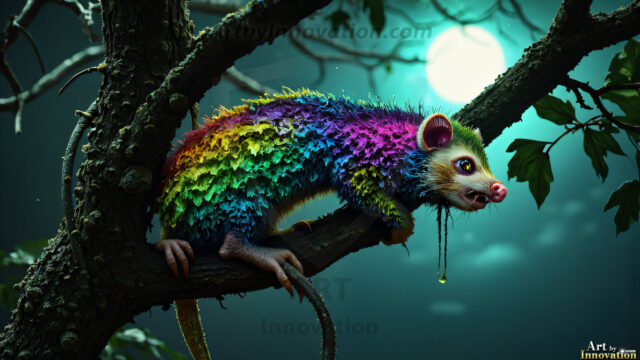 A collection of cute & adorable little-creatures from around the universe. In a photorealistic magical enchanted forest, the surface is covered in vibrant green moss, clusters of bioluminescent mushrooms. With delicate wildflowers blooming in impossible colors — violet, gold, crimson, as adorable little creatures rise from a misty forest floor. A hyper-realistic photo of hybrid creatures, like a adorable baby elephant, no bigger than a human palm. A foxlike creature, with red eyes, fluffy soft fur, and rows of sharp, serrated teeth. A chimera like weird creature, with crazy alien eyes, cyberpunk style. A hyper realistic portrait of a prehensile-tailed opossum, vibrantly colored, illuminated only by moonlight filtering through leaves in the darkness of night.