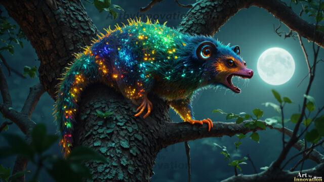 A collection of cute & adorable little-creatures from around the universe. In a photorealistic magical enchanted forest, the surface is covered in vibrant green moss, clusters of bioluminescent mushrooms. With delicate wildflowers blooming in impossible colors — violet, gold, crimson, as adorable little creatures rise from a misty forest floor. A hyper-realistic photo of hybrid creatures, like a adorable baby elephant, no bigger than a human palm. A foxlike creature, with red eyes, fluffy soft fur, and rows of sharp, serrated teeth. A chimera like weird creature, with crazy alien eyes, cyberpunk style. A hyper realistic portrait of a prehensile-tailed opossum, vibrantly colored, illuminated only by moonlight filtering through leaves in the darkness of night.